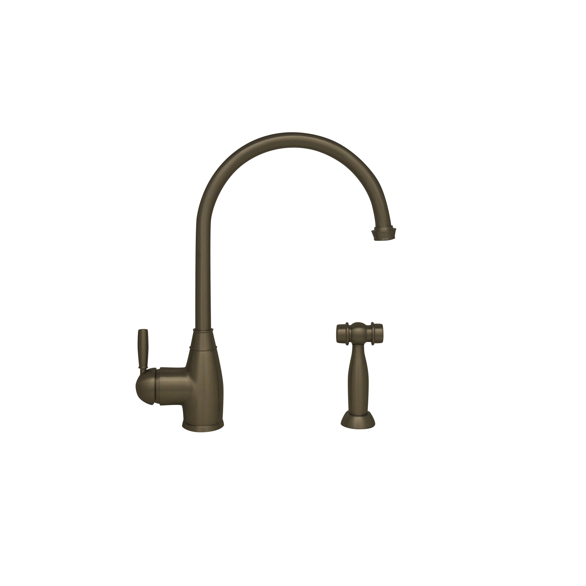 Whitehaus WHQN-34682-BN Queenhaus Single Lever Faucet with a Long Gooseneck Spout, Solid Single Lever Handle and Solid Brass Side Spray