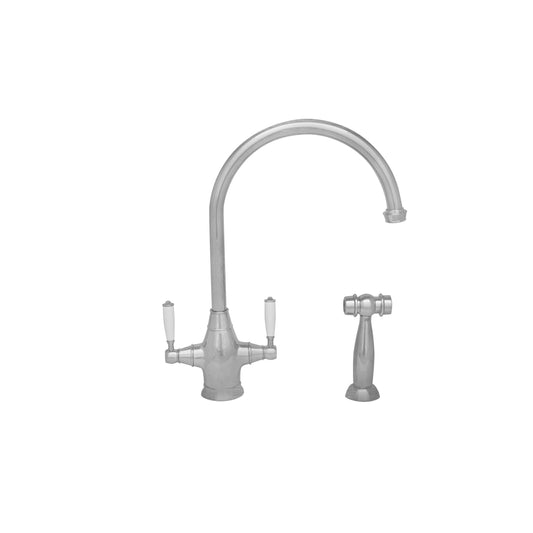 Whitehaus WHQNP-34650-PN Queenhaus Dual Handle Faucet with Long Gooseneck Spout, Porcelain Lever Handles and Solid Brass Side Spray