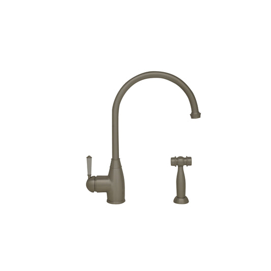 Whitehaus WHQNP-34682-BN Queenhaus Single Lever Faucet with Long Gooseneck Spout, Porcelain Single Lever Handle and Solid Brass Side Spray