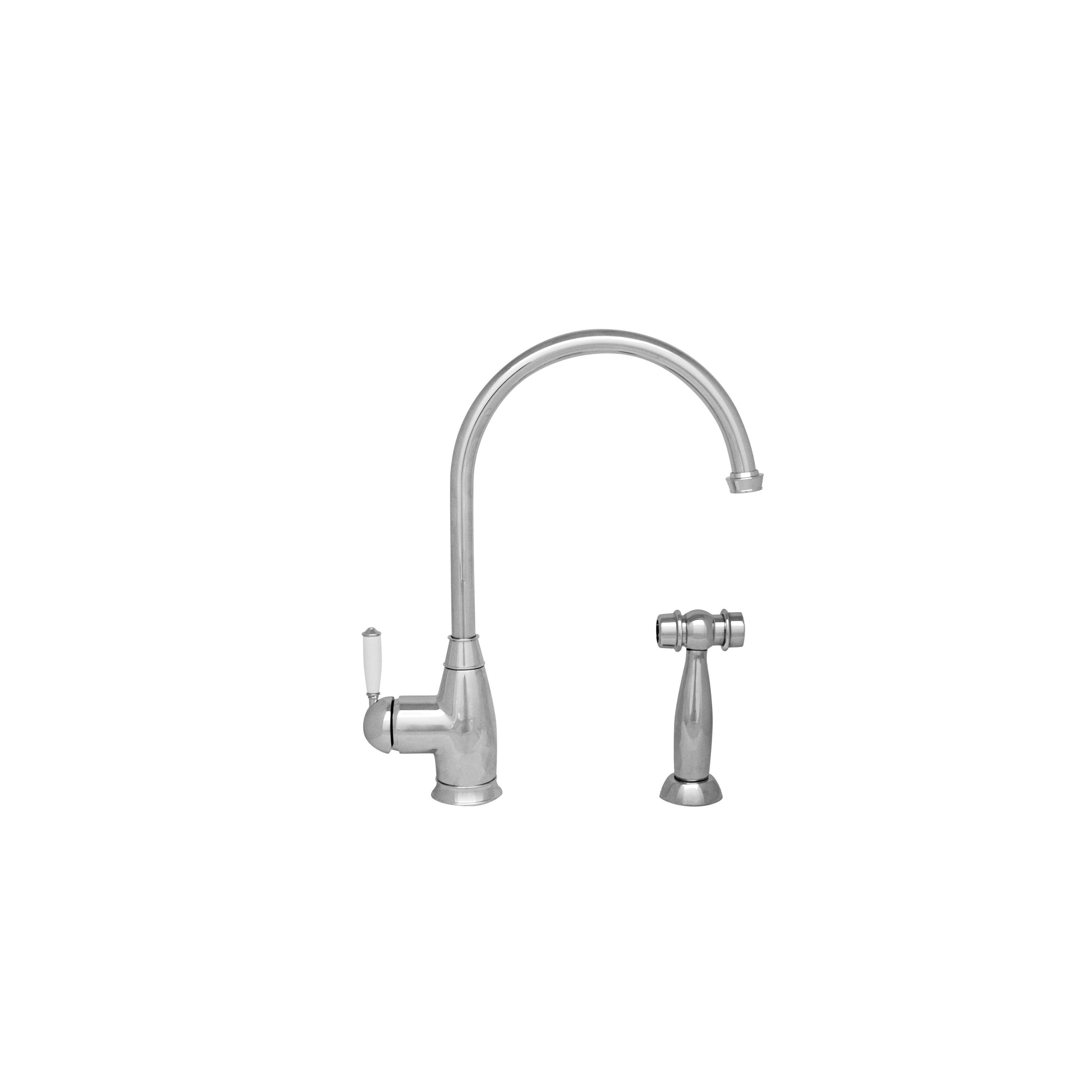 Whitehaus WHQNP-34682-C Queenhaus Single Lever Faucet with Long Gooseneck Spout, Porcelain Single Lever Handle and Solid Brass Side Spray