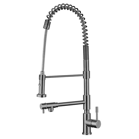 Whitehaus WHS1644-SK-BSS Waterhaus Lead Free, Solid Stainless Steel Commerical Single-Hole Faucet with Flexible Pull Down Spray Head, Swivel Support Bar & 2 Control Levers