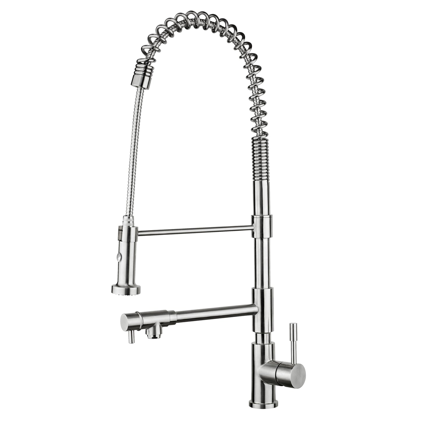 Whitehaus WHS1644-SK-PSS Waterhaus Lead Free, Solid Stainless Steel Commerical Single-Hole Faucet with Flexible Pull Down Spray Head, Swivel Support Bar & 2 Control Levers