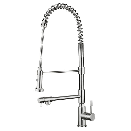 Whitehaus WHS1644-SK-PSS Waterhaus Lead Free, Solid Stainless Steel Commerical Single-Hole Faucet with Flexible Pull Down Spray Head, Swivel Support Bar & 2 Control Levers