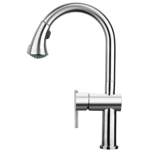 Whitehaus WHS1971-SK-BSS Waterhaus Lead Free, Solid Stainless Steel Single-Hole Faucet with Gooseneck Swivel Spout Pull Down Spray Head and Solid Lever Handle