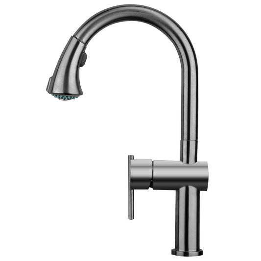 Whitehaus WHS1971-SK-GM Waterhaus Lead Free, Solid Stainless Steel Single-Hole Faucet with Gooseneck Swivel Spout Pull Down Spray Head and Solid Lever Handle