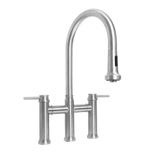 Whitehaus WHS6900-PDK-BSS Waterhaus Lead-Free Solid Stainless Steel Bridge Faucet with a Gooseneck Swivel Spout