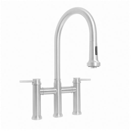 Whitehaus WHS6900-PDK-PSS Waterhaus Lead-Free Solid Stainless Steel Bridge Faucet with a Gooseneck Swivel Spout