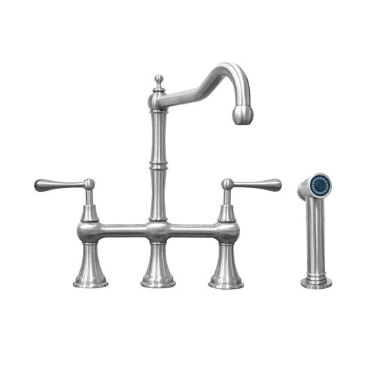 Whitehaus WHSB14007-SK-BSS Waterhaus Lead-Free Solid Stainless Steel Bridge Faucet with a Traditional Spout, Lever Handles and Side Spray
