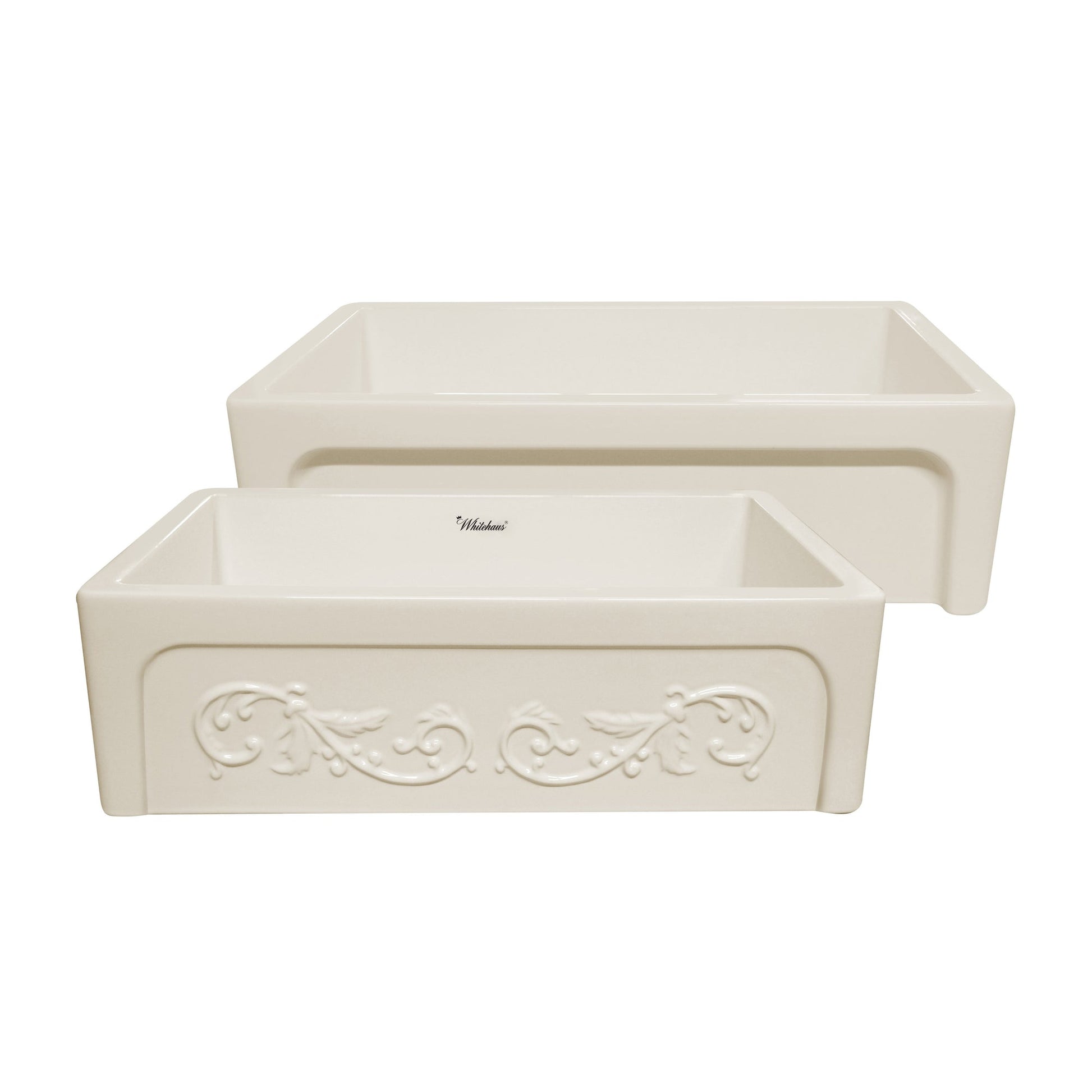 Whitehaus WHSIV3333-BISCUIT Glencove St. Ives 33" Front Apron Fireclay Sink with an Intricate Vine Design on One Side