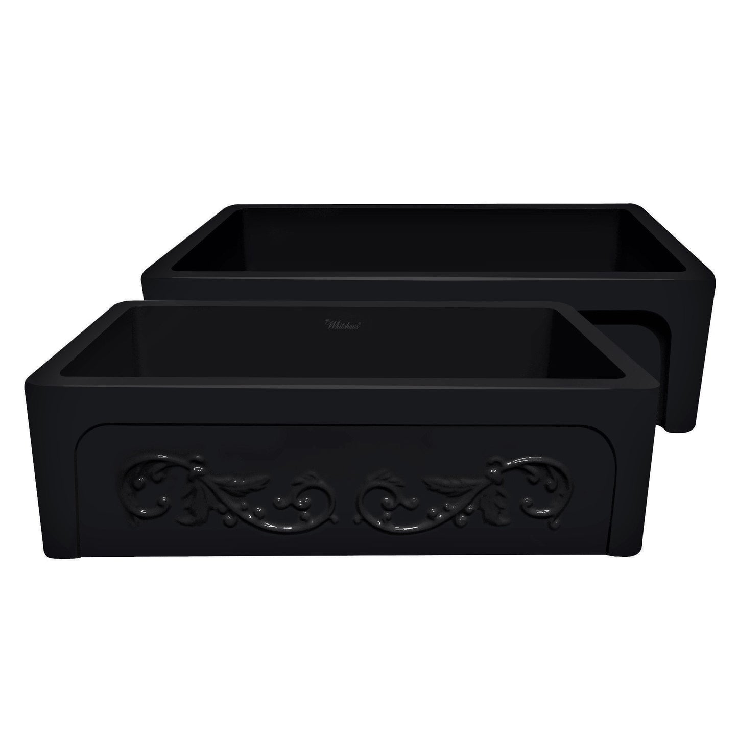 Whitehaus WHSIV3333-BLACK Glencove St. Ives 33" Front Apron Fireclay Sink with an Intricate Vine Design on One Side