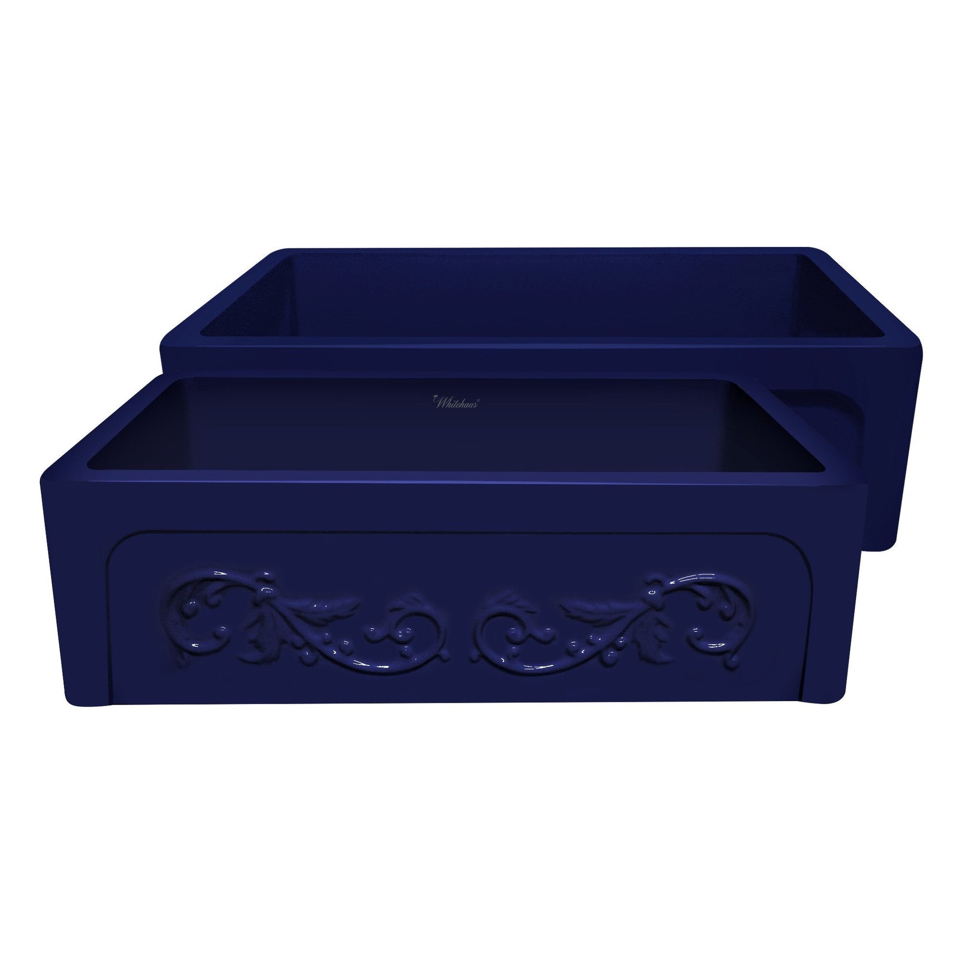 Whitehaus WHSIV3333-BLUE Glencove St. Ives 33" Front Apron Fireclay Sink with an Intricate Vine Design on One Side