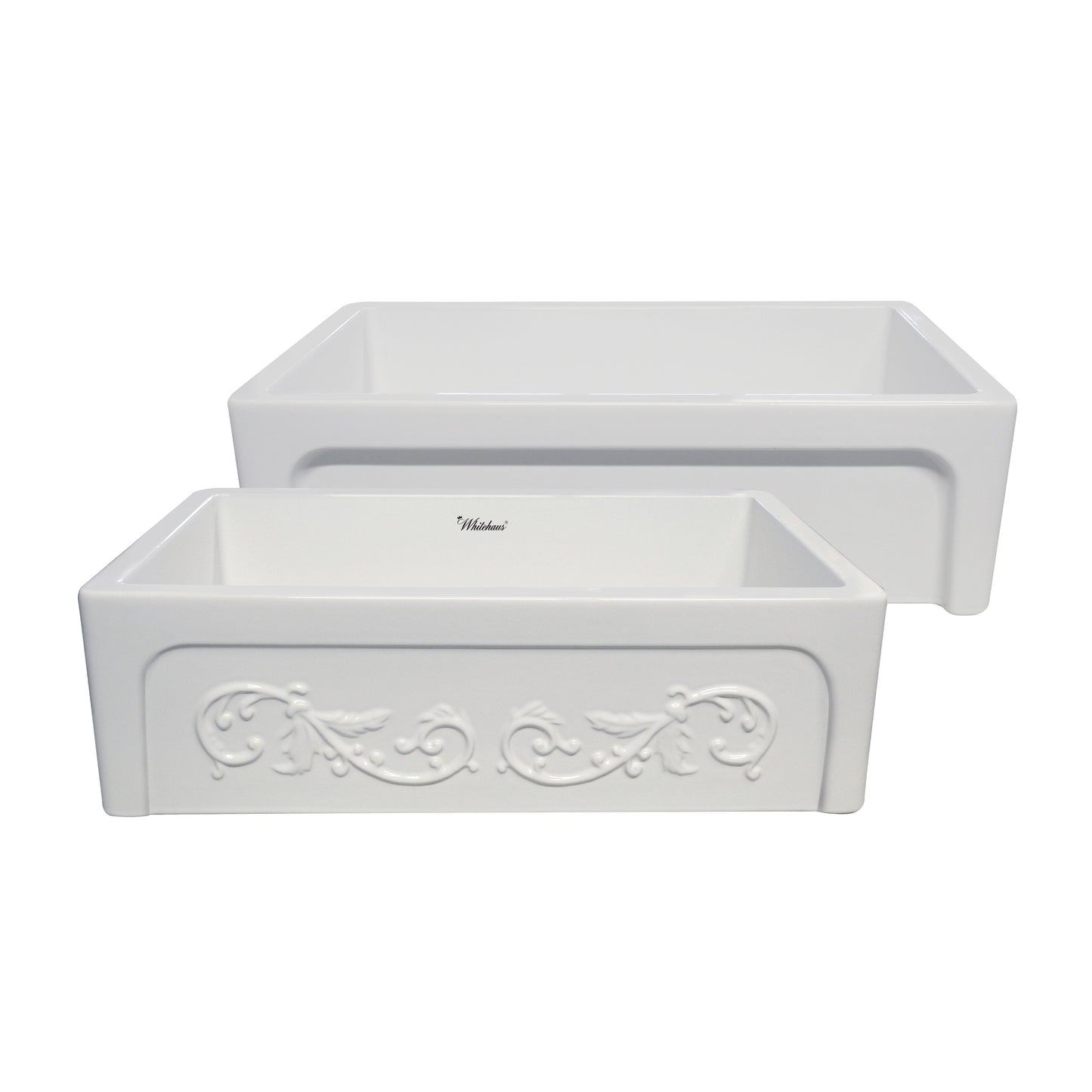 Whitehaus WHSIV3333-WHITE Glencove St. Ives 33" Front Apron Fireclay Sink with an Intricate Vine Design on One Side