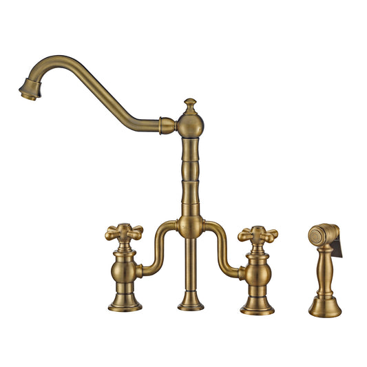 Whitehaus WHTTSCR3-9771-NT-AB Twisthaus Plus Bridge Faucet with Long Traditional Swivel Spout, Cross Handles and Solid Brass Side Spray