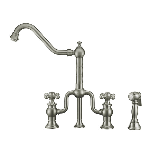Whitehaus WHTTSCR3-9771-NT-BN Twisthaus Plus Bridge Faucet with Long Traditional Swivel Spout, Cross Handles and Solid Brass Side Spray