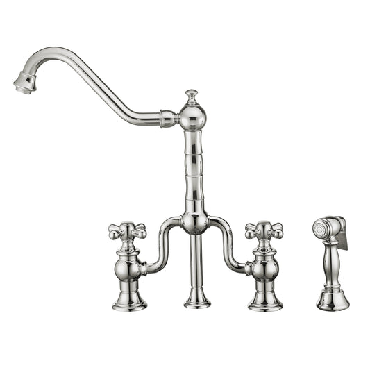 Whitehaus WHTTSCR3-9771-NT-C Twisthaus Plus Bridge Faucet with Long Traditional Swivel Spout, Cross Handles and Solid Brass Side Spray