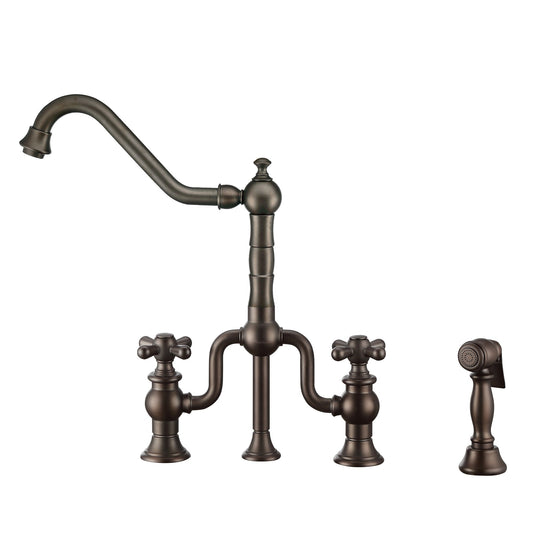 Whitehaus WHTTSCR3-9771-NT-ORB Twisthaus Plus Bridge Faucet with Long Traditional Swivel Spout, Cross Handles and Solid Brass Side Spray