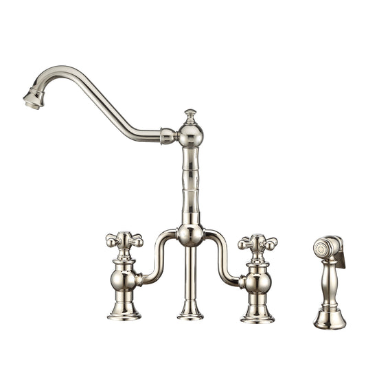 Whitehaus WHTTSCR3-9771-NT-PN Twisthaus Plus Bridge Faucet with Long Traditional Swivel Spout, Cross Handles and Solid Brass Side Spray