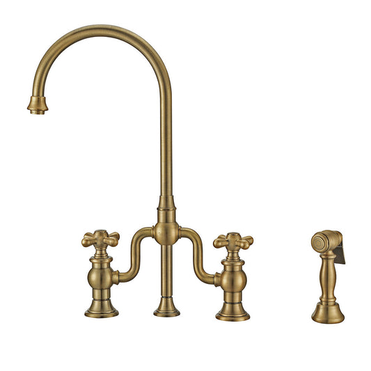 Whitehaus WHTTSCR3-9773-NT-AB Twisthaus Plus Bridge Faucet with Long Traditional Swivel Spout, Cross Handles and Solid Brass Side Spray