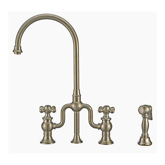 Whitehaus WHTTSCR3-9773-NT-BN Twisthaus Plus Bridge Faucet with Long Traditional Swivel Spout, Cross Handles and Solid Brass Side Spray