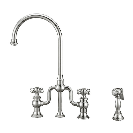 Whitehaus WHTTSCR3-9773-NT-C Twisthaus Plus Bridge Faucet with Long Traditional Swivel Spout, Cross Handles and Solid Brass Side Spray