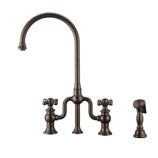 Whitehaus WHTTSCR3-9773-NT-ORB Twisthaus Plus Bridge Faucet with Long Traditional Swivel Spout, Cross Handles and Solid Brass Side Spray