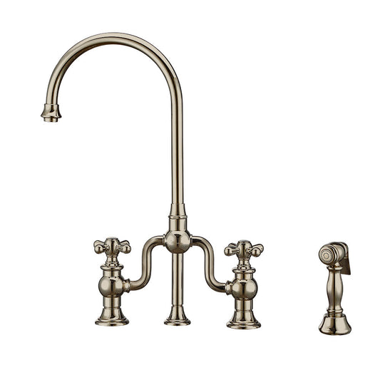 Whitehaus WHTTSCR3-9773-NT-PN Twisthaus Plus Bridge Faucet with Long Traditional Swivel Spout, Cross Handles and Solid Brass Side Spray