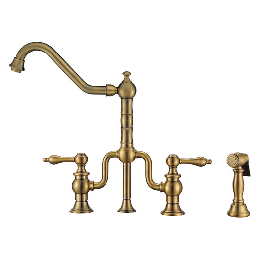 Whitehaus WHTTSLV3-9771-NT-AB Twisthaus Plus Bridge F0aucet with Long Traditional Swivel Spout, Cross Handles and Solid Brass Side Spray