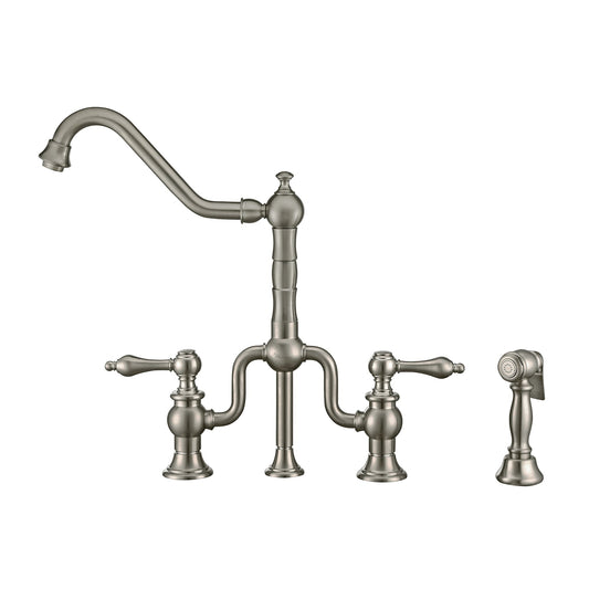 Whitehaus WHTTSLV3-9771-NT-BN Twisthaus Plus Bridge F0aucet with Long Traditional Swivel Spout, Cross Handles and Solid Brass Side Spray