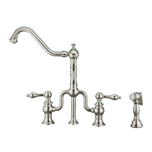 Whitehaus WHTTSLV3-9771-NT-C Twisthaus Plus Bridge Faucet with Long Traditional Swivel Spout, Cross Handles and Solid Brass Side Spray