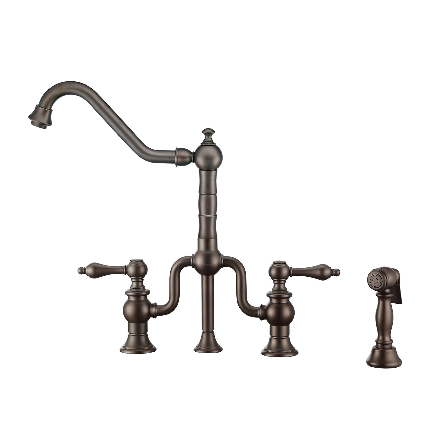 Whitehaus WHTTSLV3-9771-NT-ORBTwisthaus Plus Bridge Faucet with Long Traditional Swivel Spout, Cross Handles and Solid Brass Side Spray