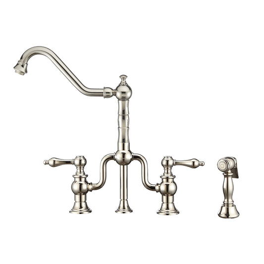 Whitehaus WHTTSLV3-9771-NT-PN wisthaus Plus Bridge Faucet with Long Traditional Swivel Spout, Cross Handles and Solid Brass Side Spray