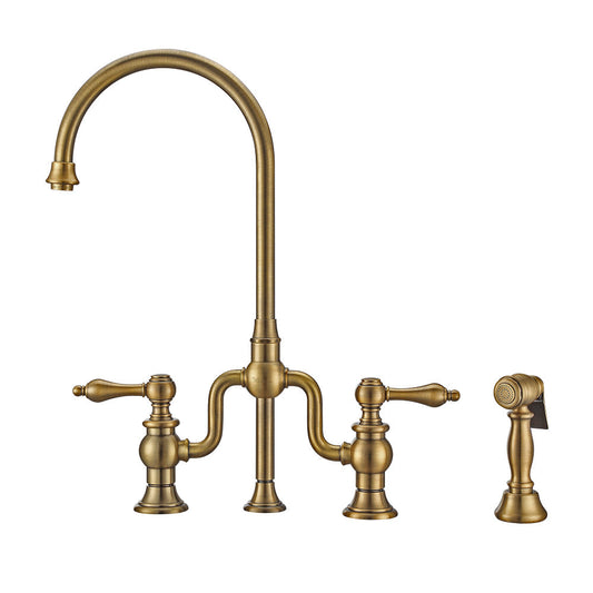 Whitehaus WHTTSLV3-9773-NT-AB wisthaus Plus Bridge Faucet with Long Traditional Swivel Spout, Cross Handles and Solid Brass Side Spray