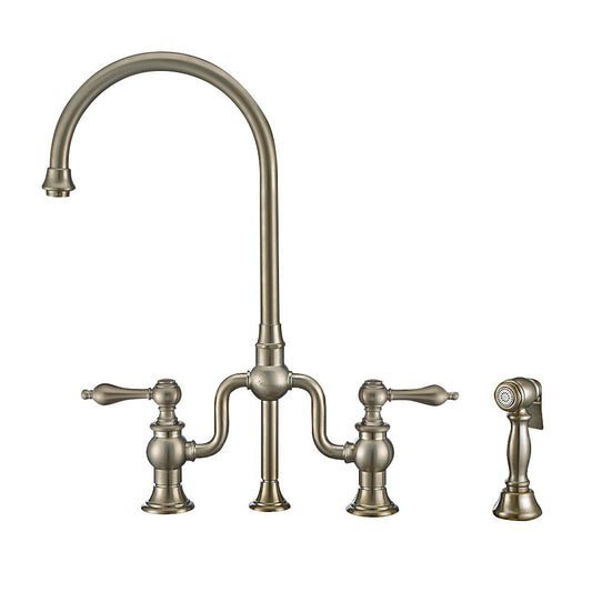 Whitehaus WHTTSLV3-9773-NT-BN wisthaus Plus Bridge Faucet with Long Traditional Swivel Spout, Cross Handles and Solid Brass Side Spray