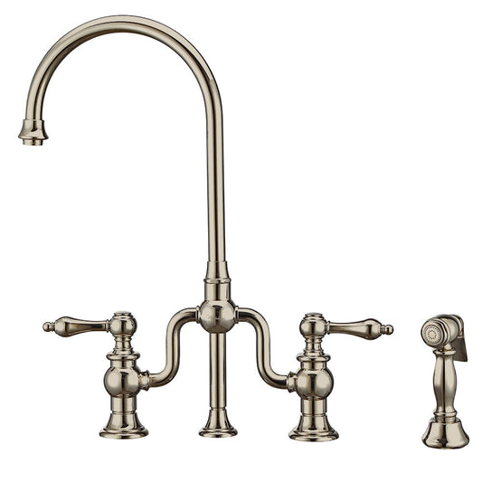 Whitehaus WHTTSLV3-9773-NT-PN wisthaus Plus Bridge Faucet with Long Traditional Swivel Spout, Cross Handles and Solid Brass Side Spray