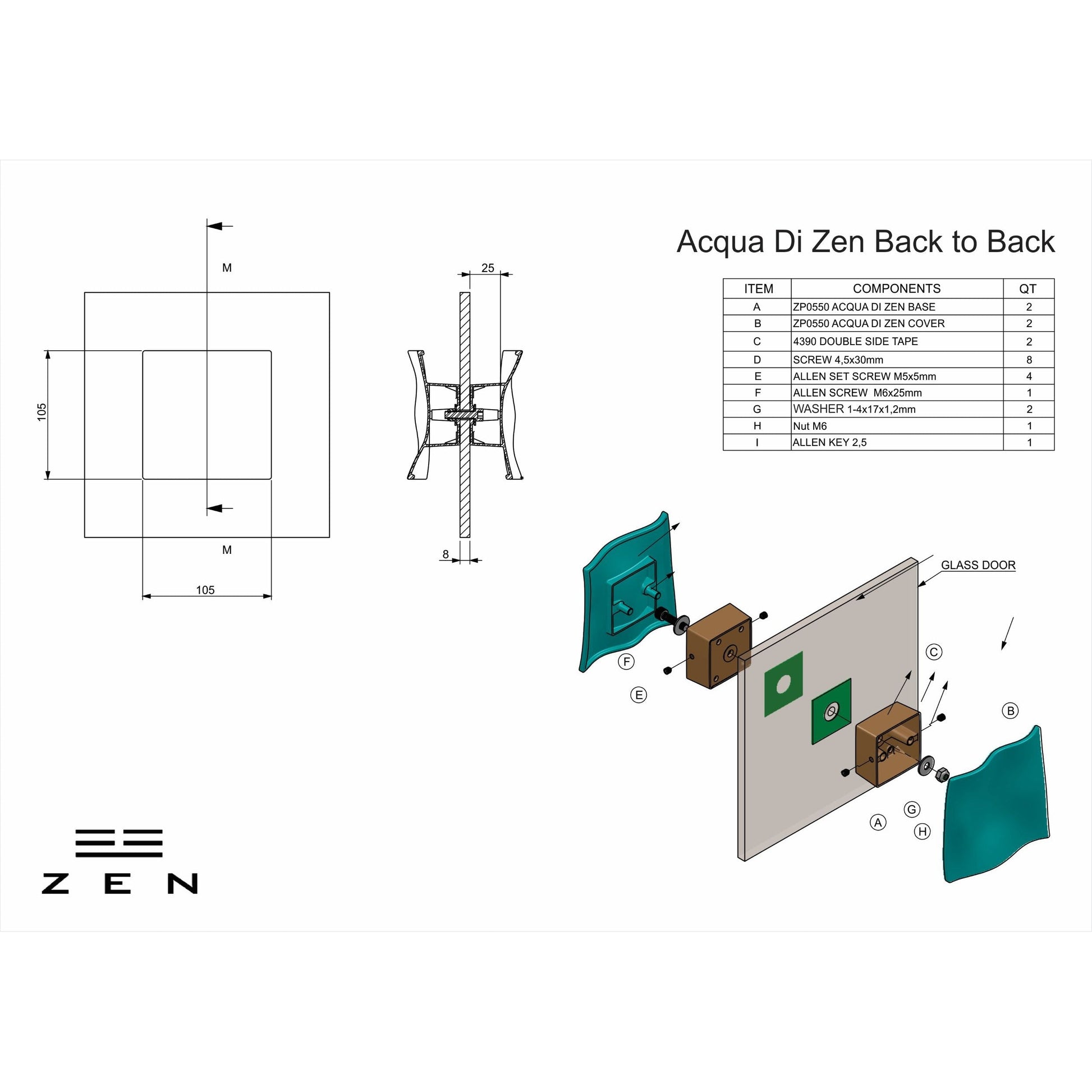 ZEN Design Acqua Di Zen 4" Brushed Nickel Large Set of 2 Back to Back Door Knob