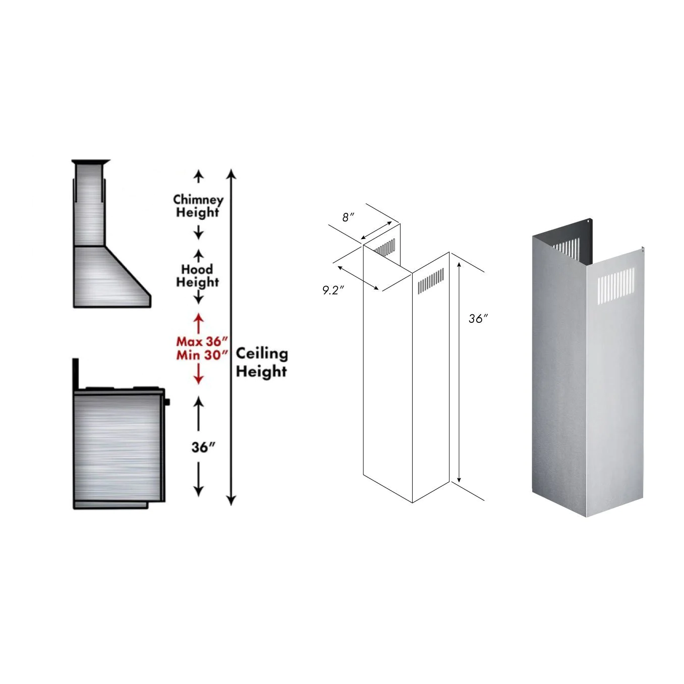 ZLINE 1-36" Chimney Extension for 9 ft. to 10 ft. Ceilings (1PCEXT-KB/KL2/KL3)