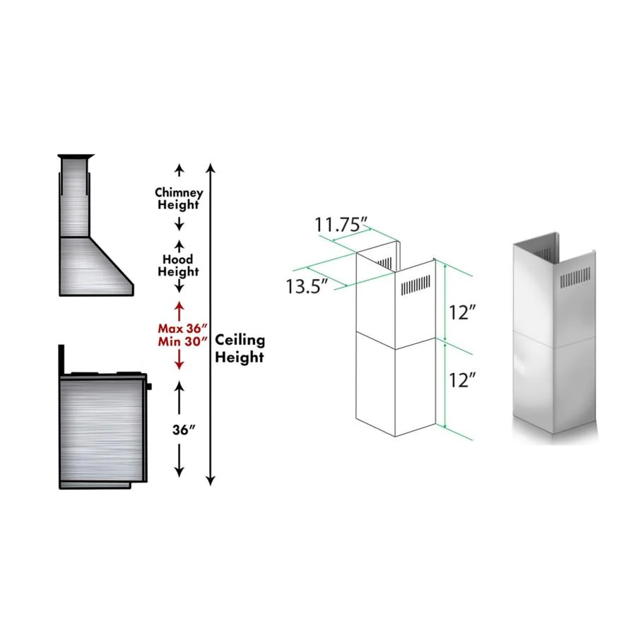 ZLINE 2-12" Short Chimney Pieces for 7 ft. to 8 ft. Ceilings (SK-455/476/477/667/697)