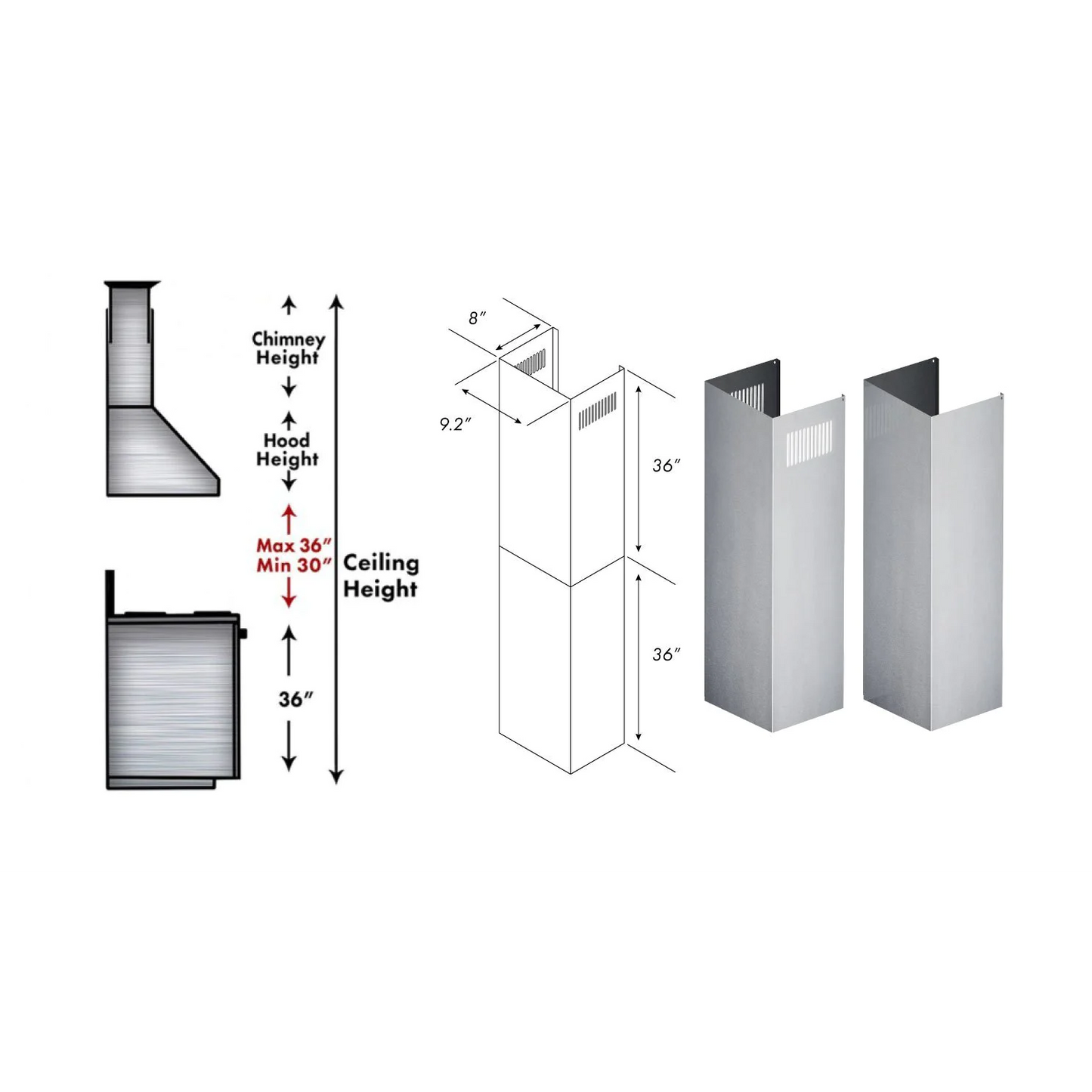 ZLINE 2-36" Chimney Extensions for 10 ft. to 12 ft. Ceilings (2PCEXT-KB/KL2/KL3)