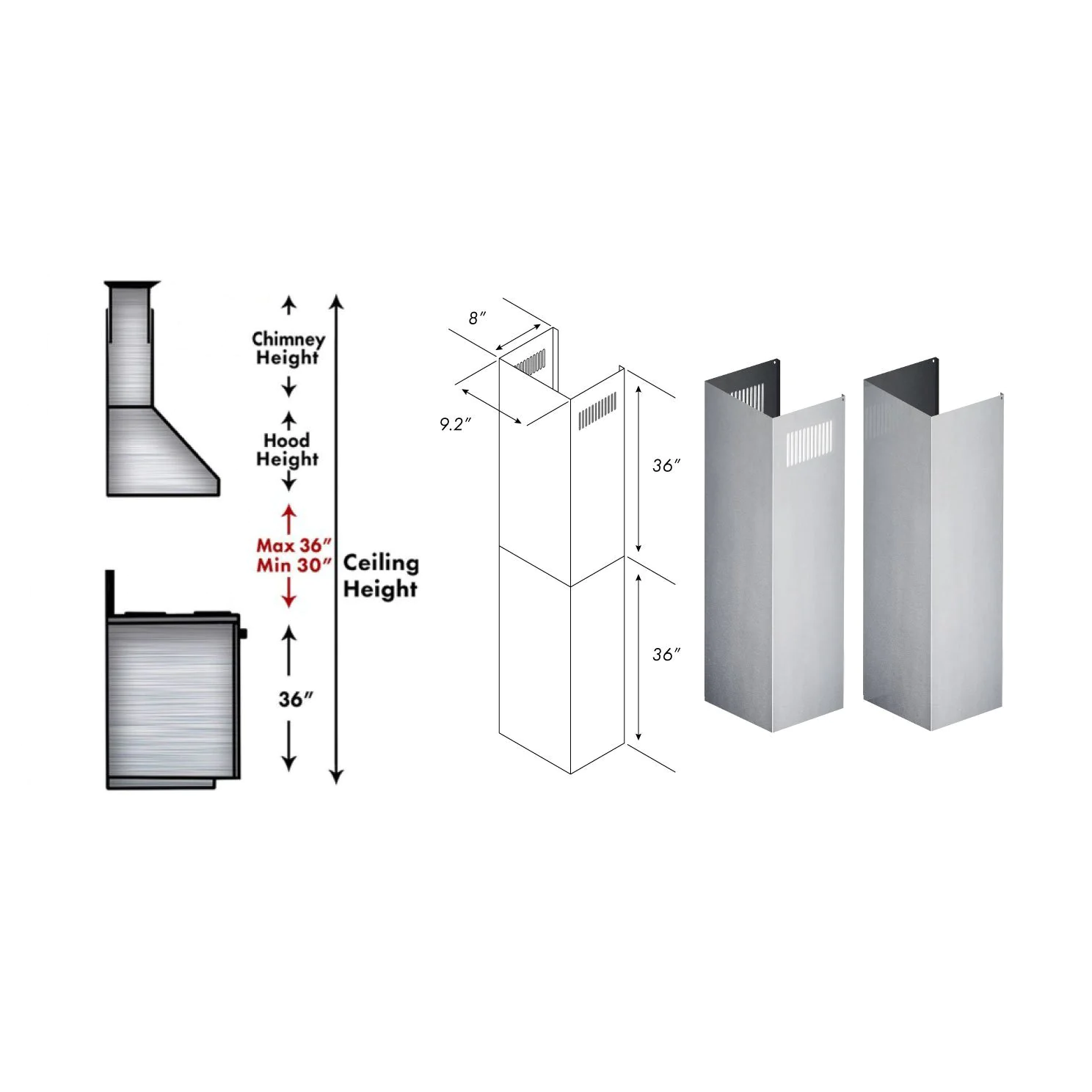 ZLINE 2-36" Chimney Extensions for 10 ft. to 12 ft. Ceilings (2PCEXT-KB/KL2/KL3)