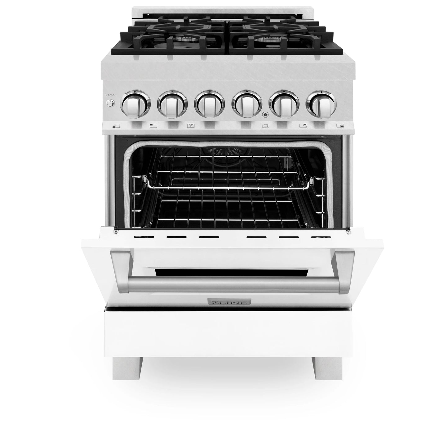 ZLINE 24" DuraSnow Stainless Steel 4 Burner Dual Fuel Range With White Matte Door and 2.8 cu. ft. Electric Oven