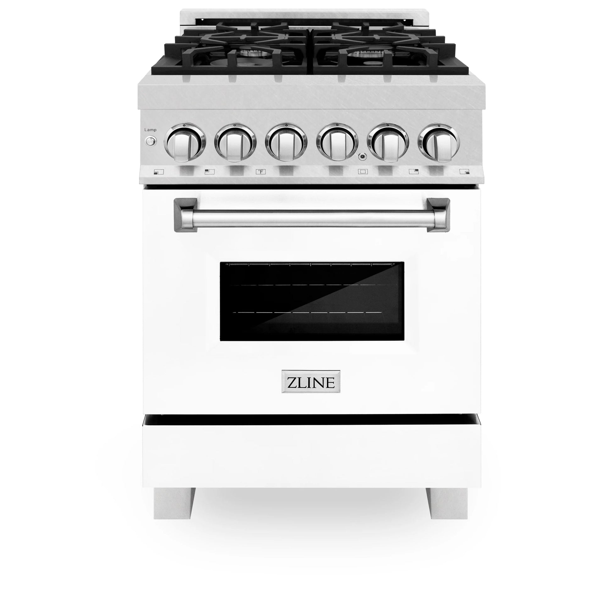 ZLINE 24" DuraSnow Stainless Steel 4 Burner Dual Fuel Range With White Matte Door and 2.8 cu. ft. Electric Oven