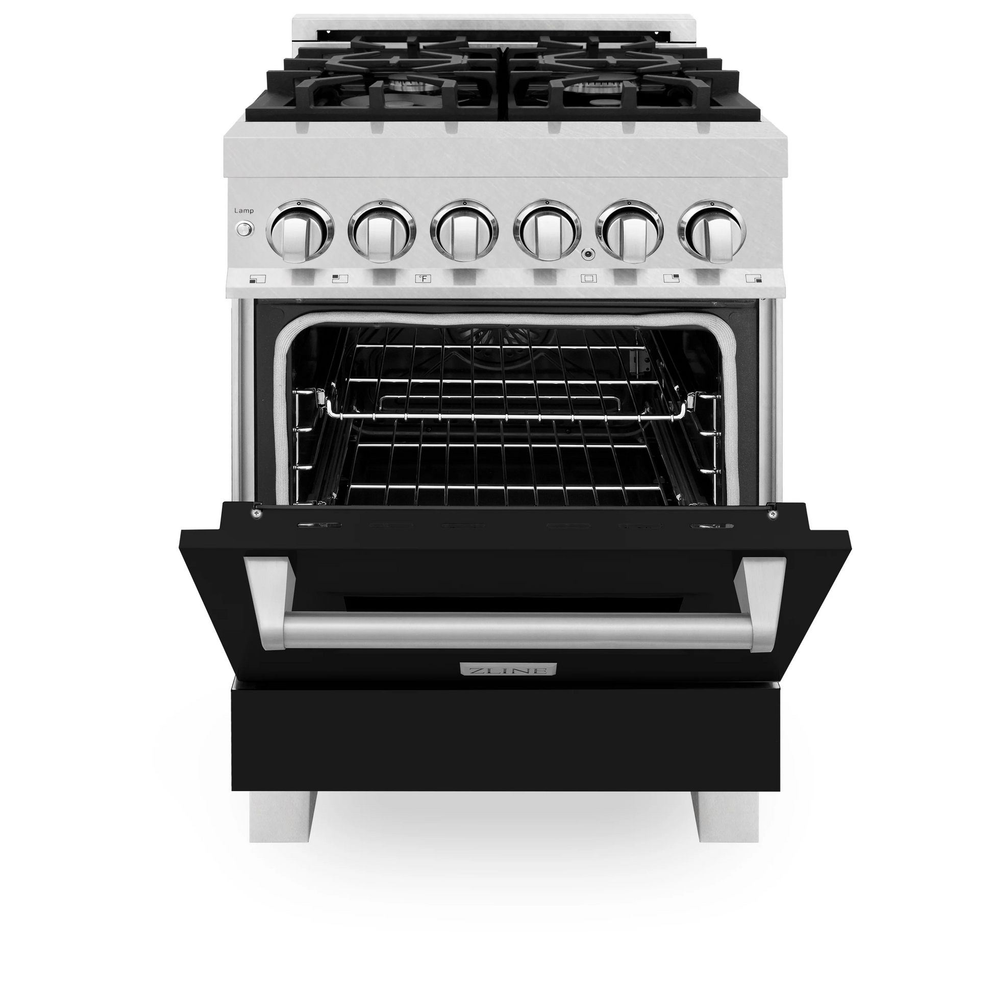 ZLINE 24" DuraSnow Stainless Steel and Black Matte Door 4 Burner Dual Fuel Range With 2.8 cu. ft. Electric Oven