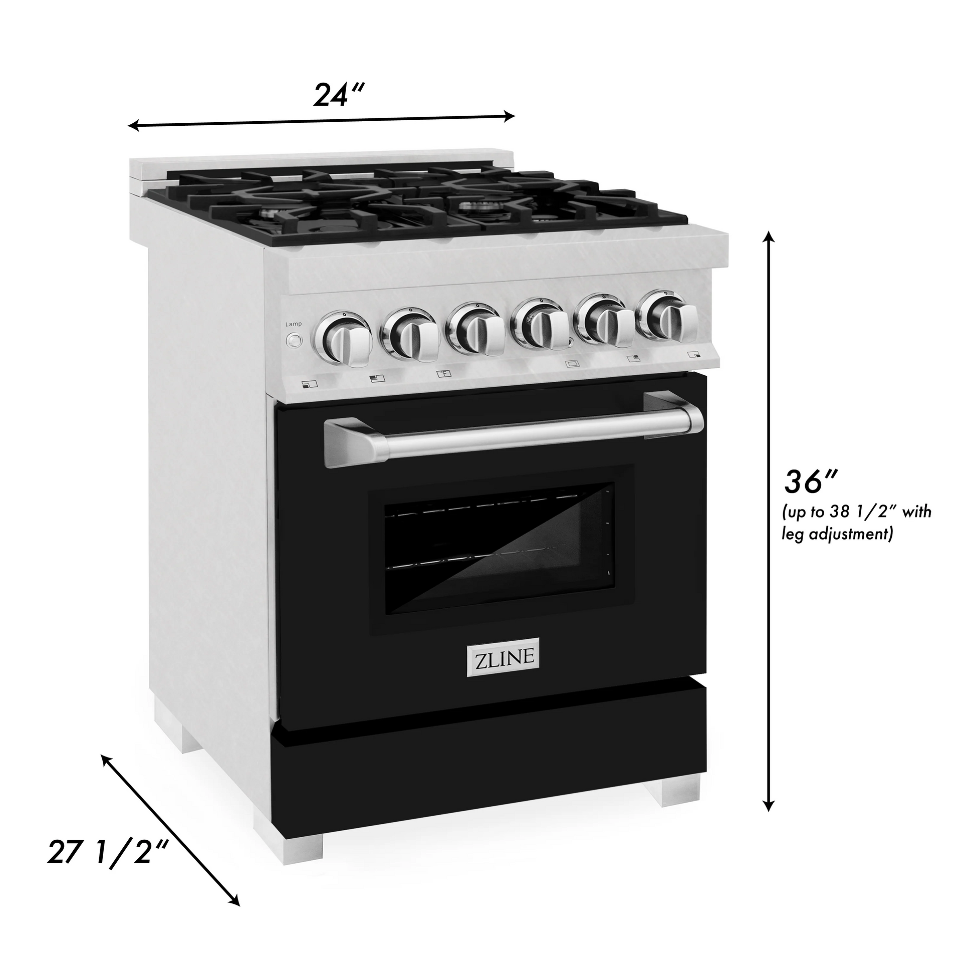 ZLINE 24" DuraSnow Stainless Steel and Black Matte Door 4 Burner Dual Fuel Range With 2.8 cu. ft. Electric Oven