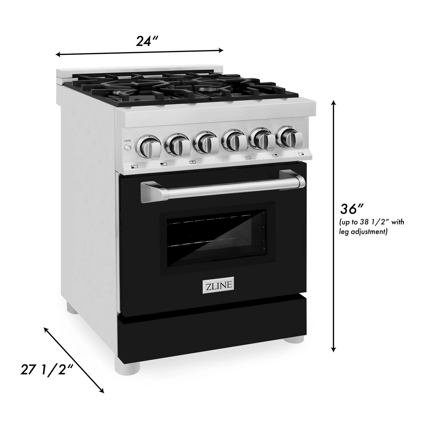 ZLINE 24" Stainless Steel Black Matte Door 4 Burner Dual Fuel Range With 2.8 cu. ft. Electric Oven