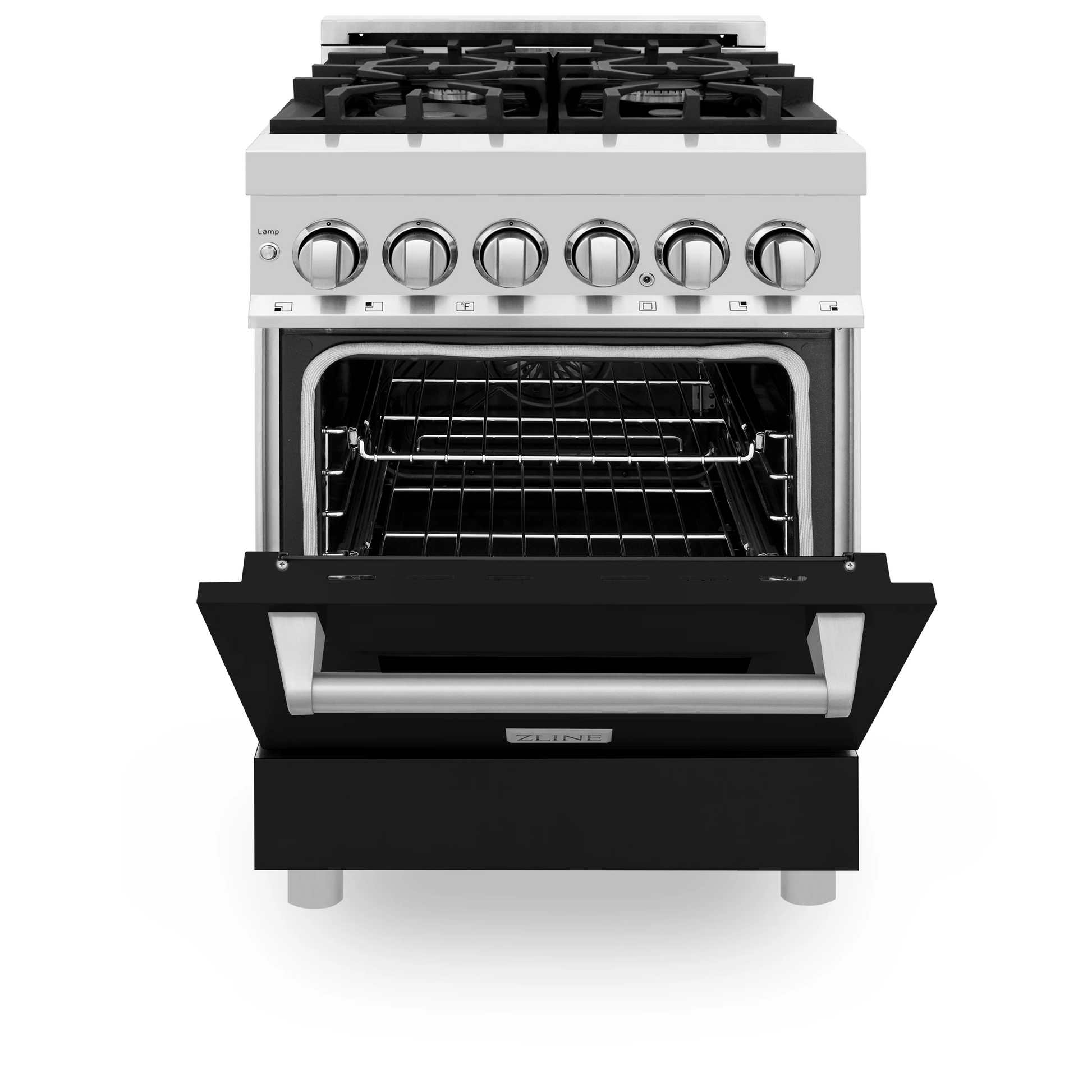 ZLINE 24" Stainless Steel Black Matte Door 4 Burner Dual Fuel Range With 2.8 cu. ft. Electric Oven