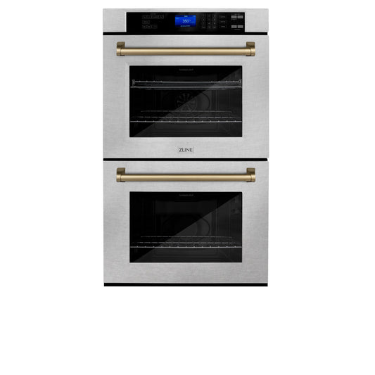 ZLINE 30" Autograph Edition Double Wall Oven with Self Clean and True Convection in DuraSnow Stainless Steel and Champagne Bronze