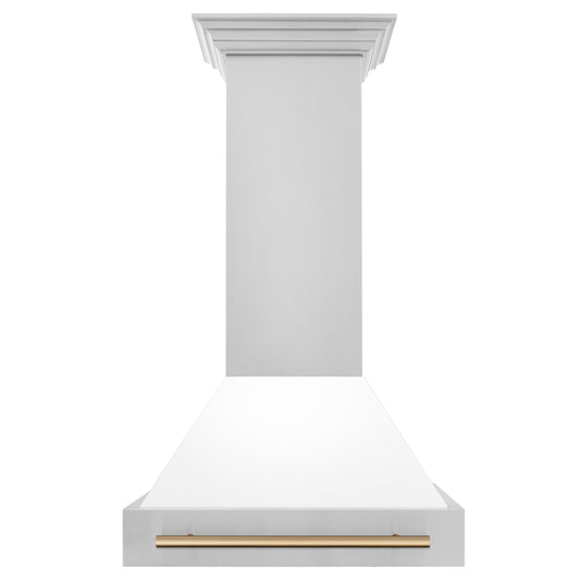 ZLINE 30" Autograph Edition Stainless Steel Range Hood With White Matte Shell and Champagne Bronze Handle