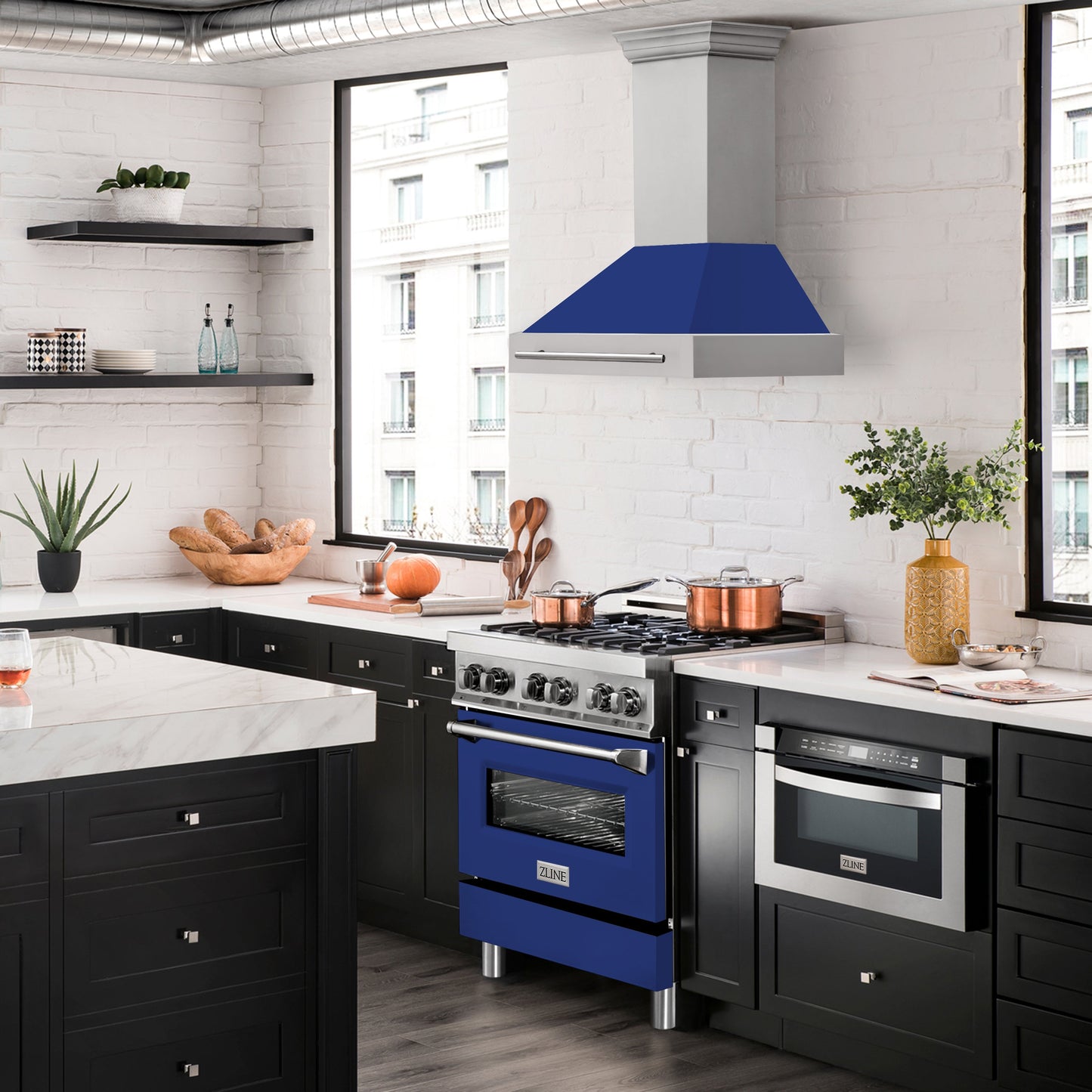 ZLINE 30" Stainless Steel Range Hood With Blue Gloss Shell and Stainless Steel Handle