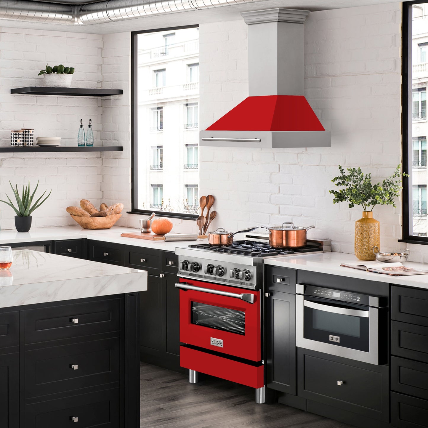 ZLINE 30" Stainless Steel Range Hood With Red Matte Shell and Stainless Steel Handle