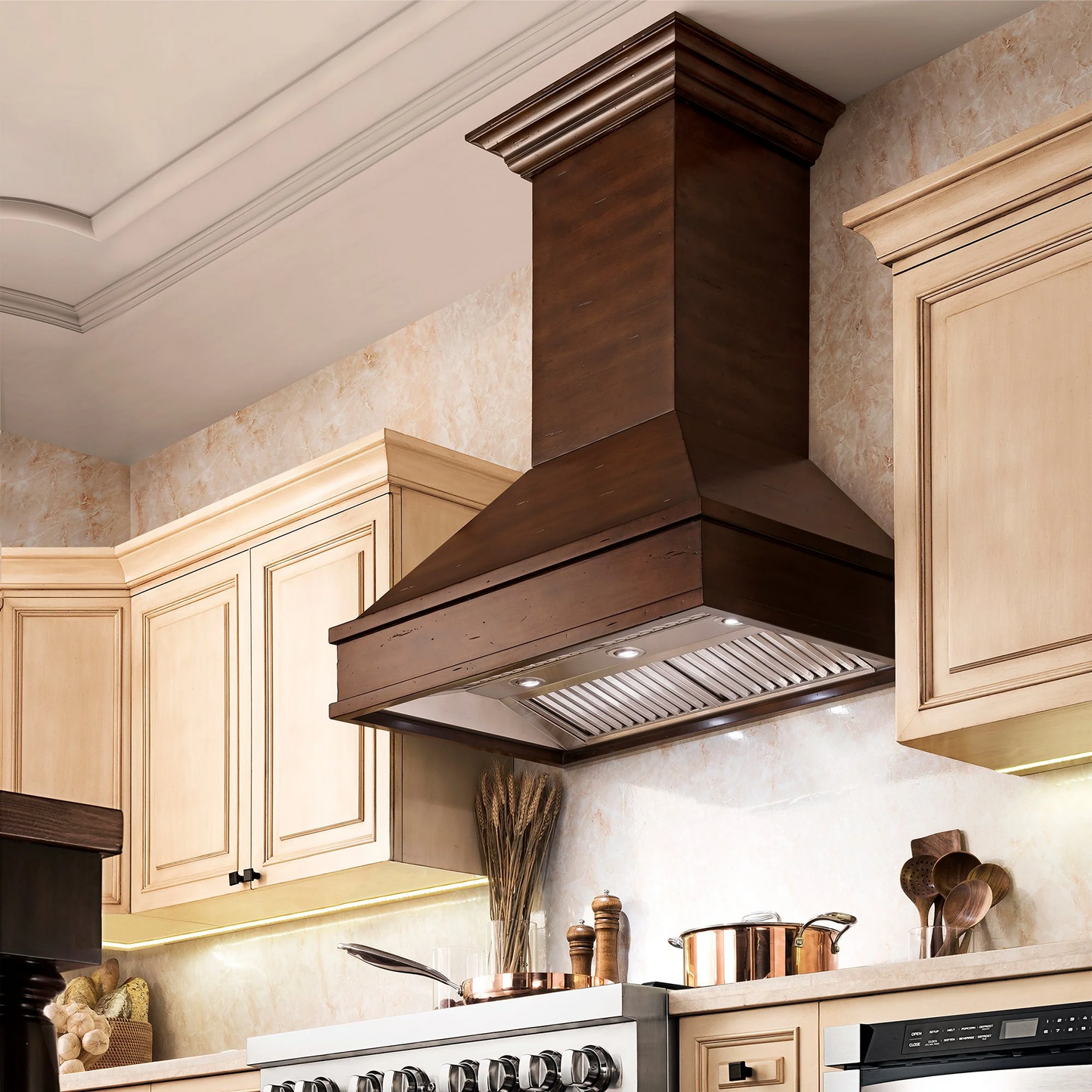 ZLINE 30" Wooden Wall Mount Range Hood in Walnut and Hamilton - Includes Motor